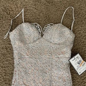 B. Darlin Silver lace and peach Prom dress Gown with slit and spaghetti straps